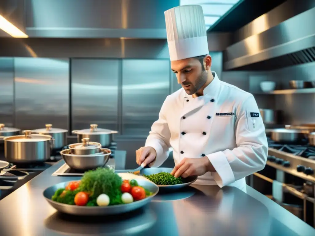 Una cocina francesa tradicional innovadora rebosante de actividad culinaria con un chef plato un exquisito platillo