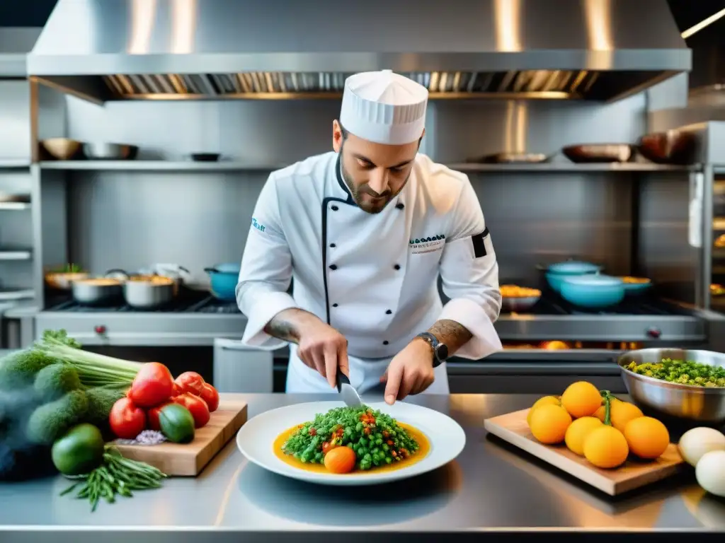 Una cocina francesa tradicional innovadora rebosante de chefs preparando platos con técnicas sostenibles