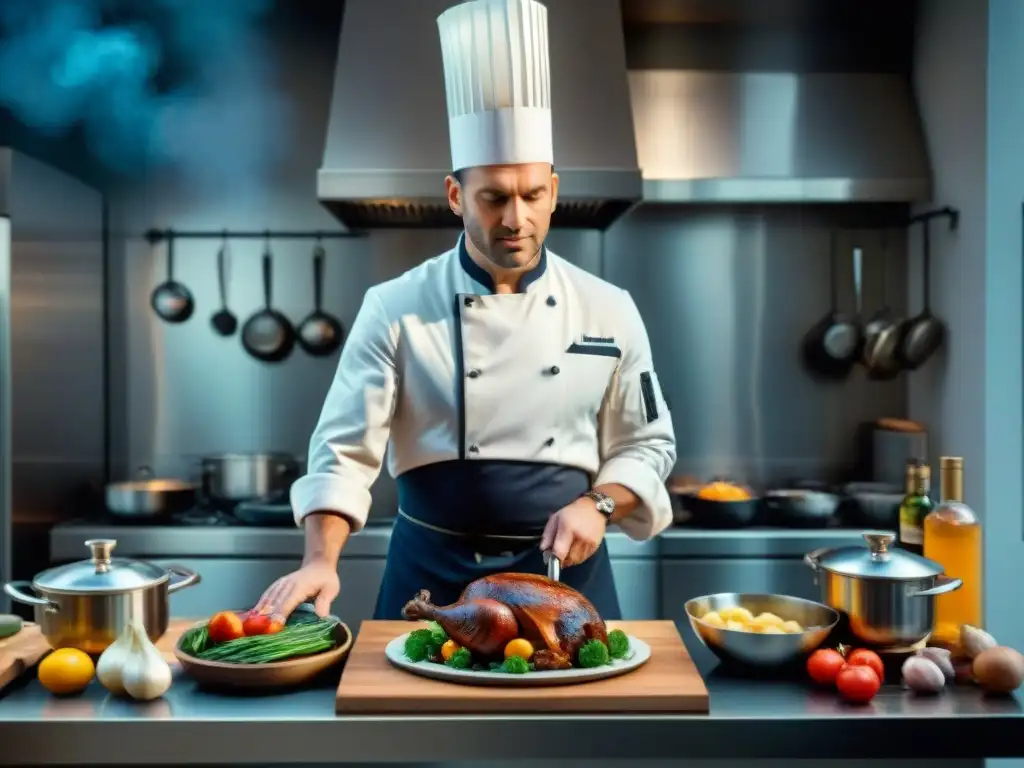 Una cocina francesa tradicional innovadora, donde chefs preparan platos clásicos como coq au vin y ratatouille con un toque moderno