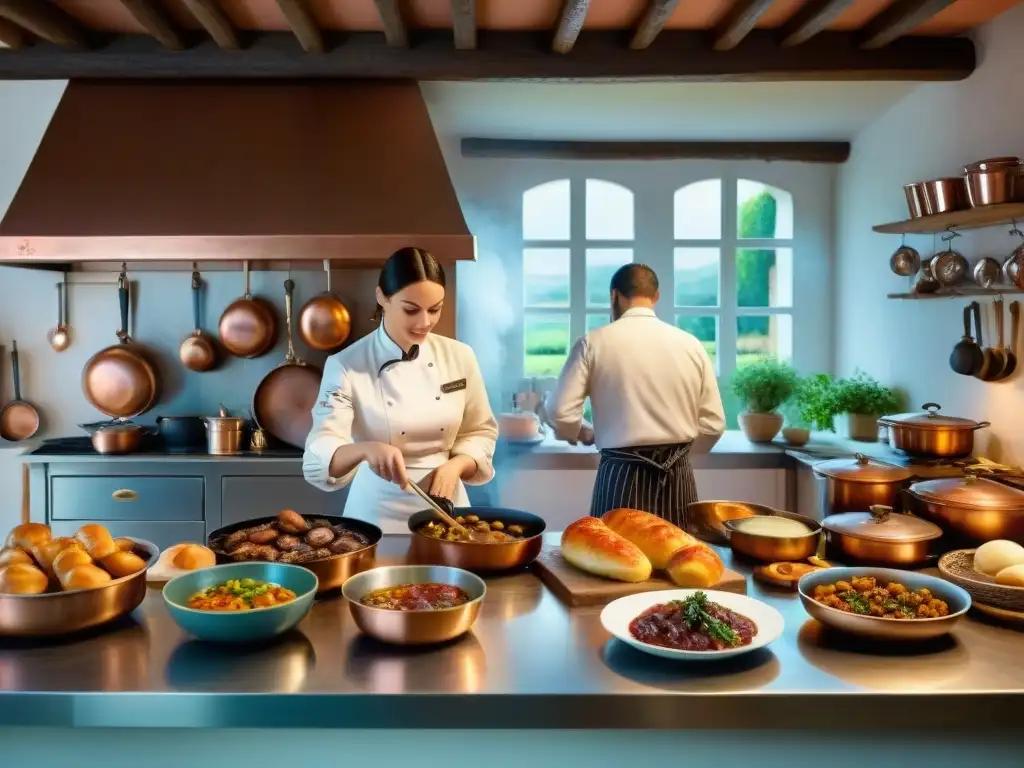 Una cocina francesa tradicional llena de actividad, con chefs preparando platos clásicos como coq au vin y boeuf bourguignon