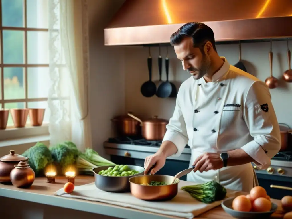 Una cocina francesa tradicional llena de actividad: un chef cortando verduras, ollas en el fuego, cacerolas de cobre colgando y luz natural