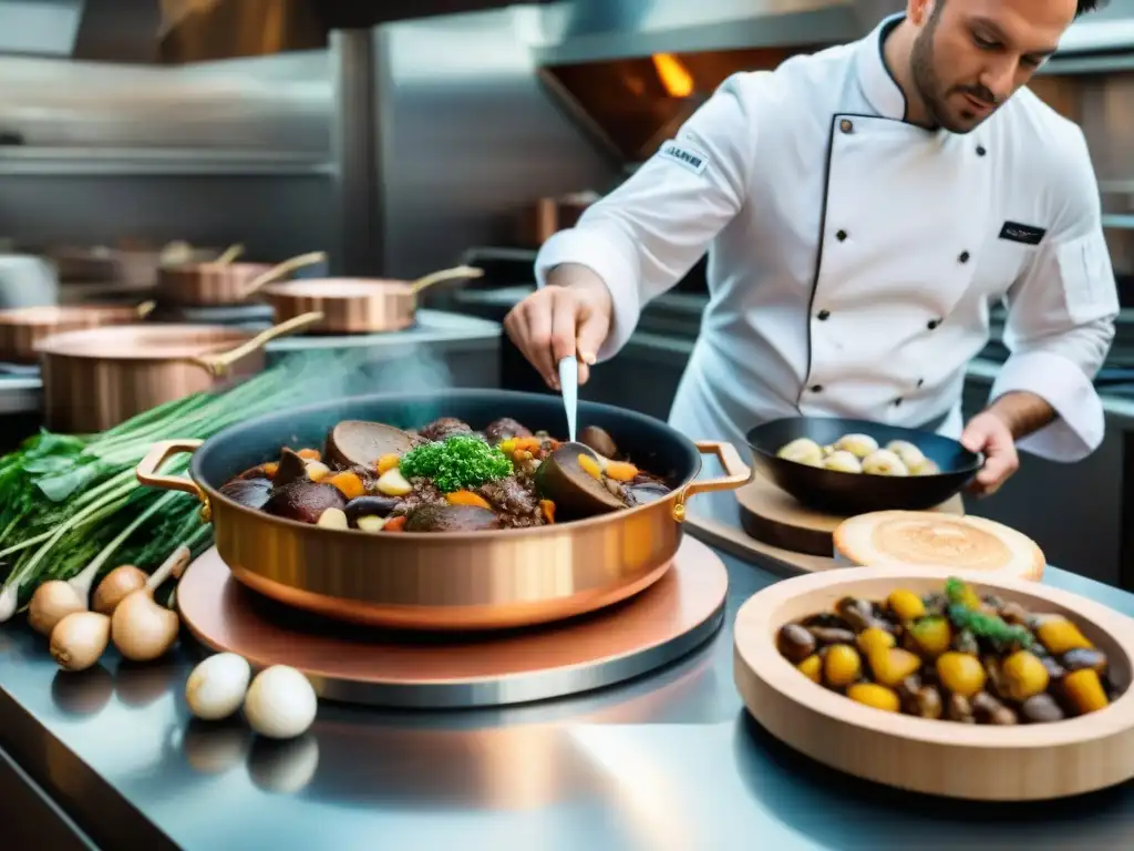 Una cocina francesa tradicional llena de actividad culinaria, preparando Coq au Vin