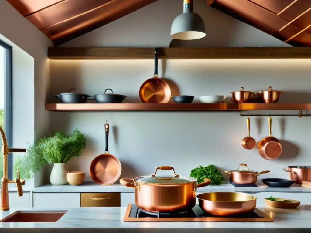 Una cocina francesa tradicional llena de utensilios de cobre, con un chef preparando platos franceses