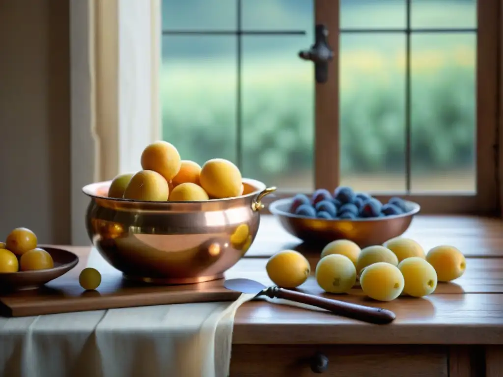 Una cocina francesa tradicional con Mirabelles de Lorraine auténticas delicias, bañadas por la cálida luz del sol