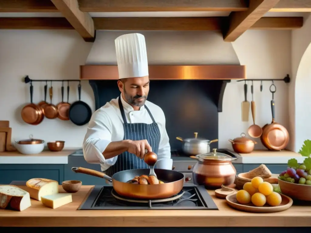 Una cocina francesa tradicional y moderna: chef preparando un Coq au Vin sobre fuego, con utensilios de cobre y ingredientes frescos