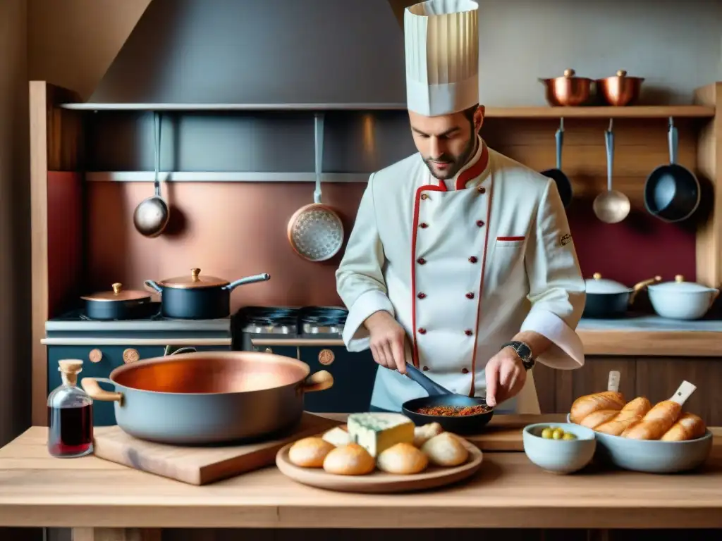 Una cocina francesa tradicional y moderna con ollas de cobre, pan, queso y un chef cocinando Coq au Vin