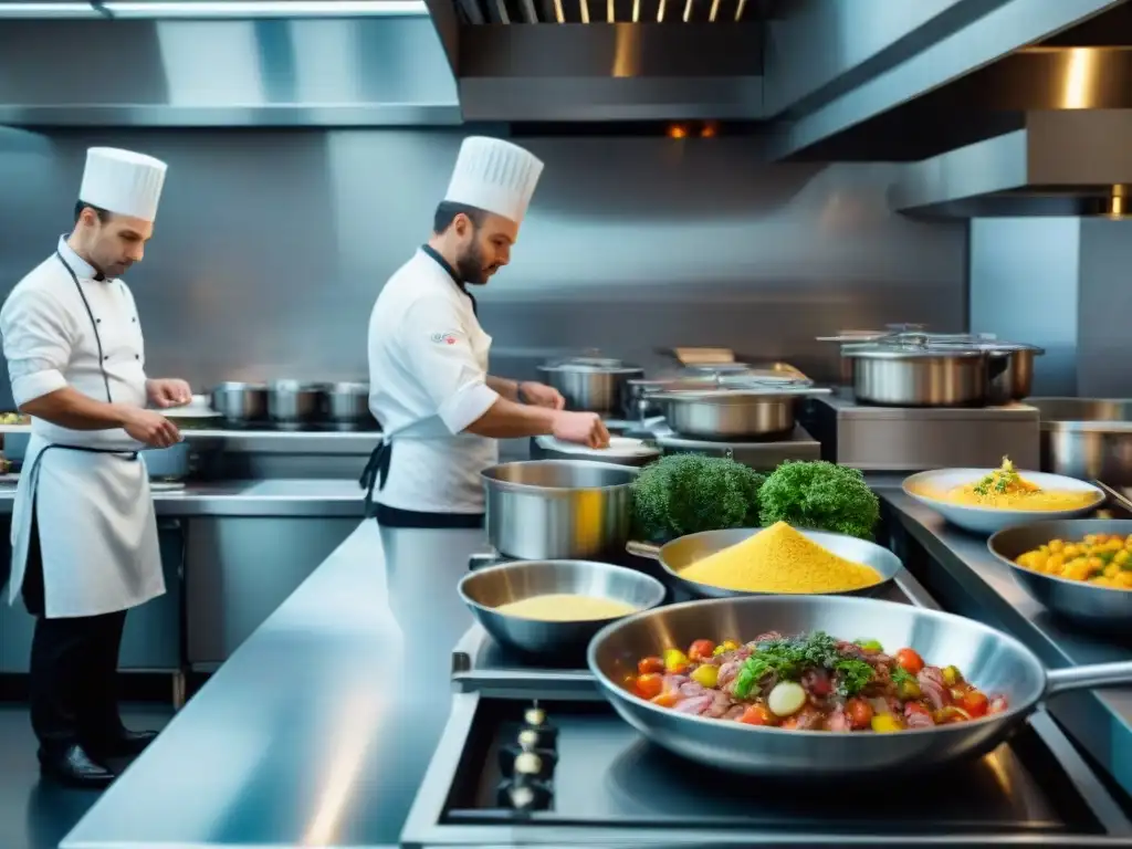 Una cocina francesa tradicional moderna, donde chefs preparan platos clásicos con técnicas innovadoras