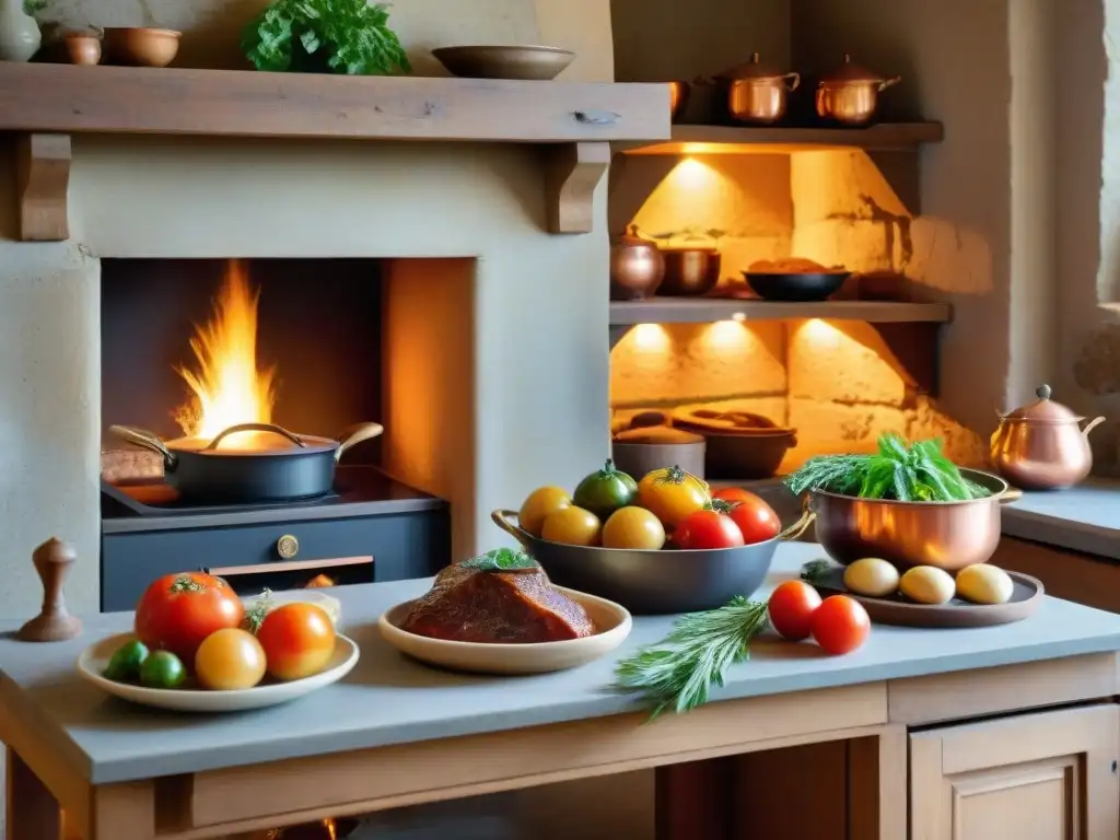 Una cocina francesa tradicional en Normandía con una mesa rústica y platos clásicos como coq au vin, bouillabaisse y tarte Tatin