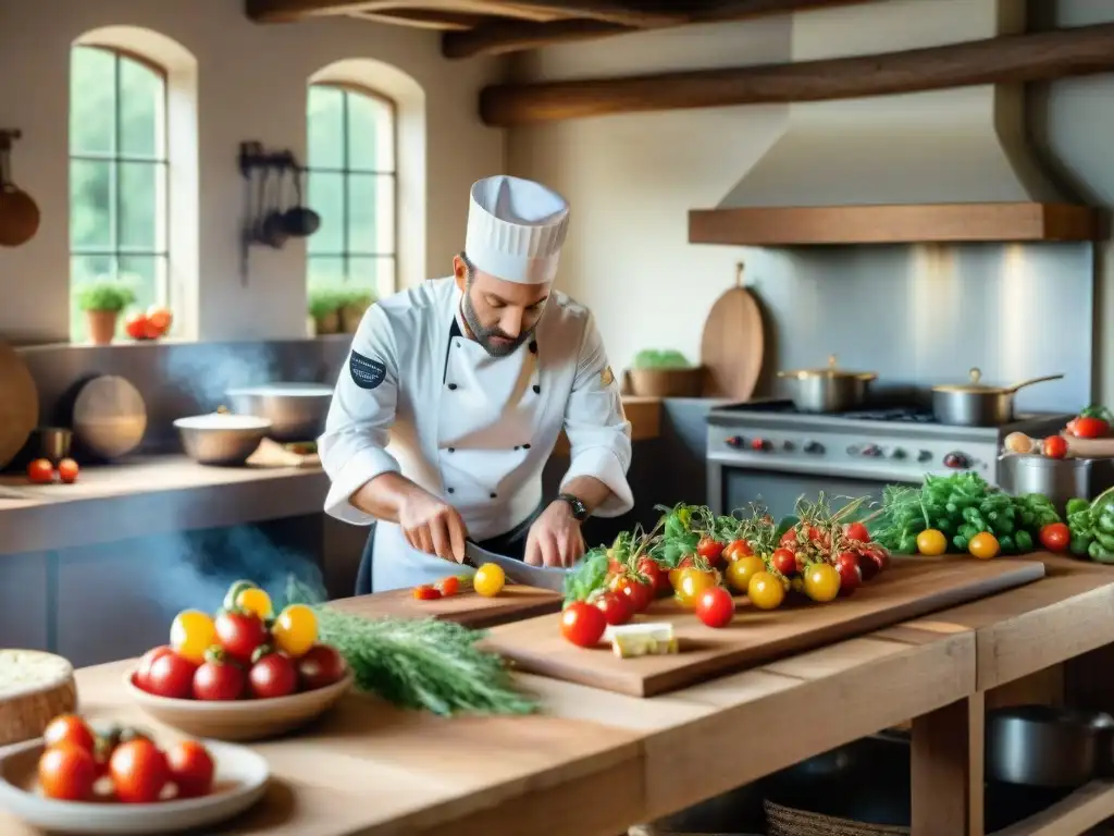 Una cocina francesa tradicional rebosante de actividad, chefs y granjeros preparando un festín sostenible