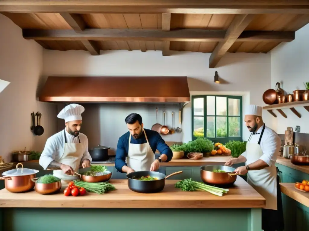 Una cocina francesa tradicional rebosante de actividad culinaria, chefs preparando clásicos platillos franceses