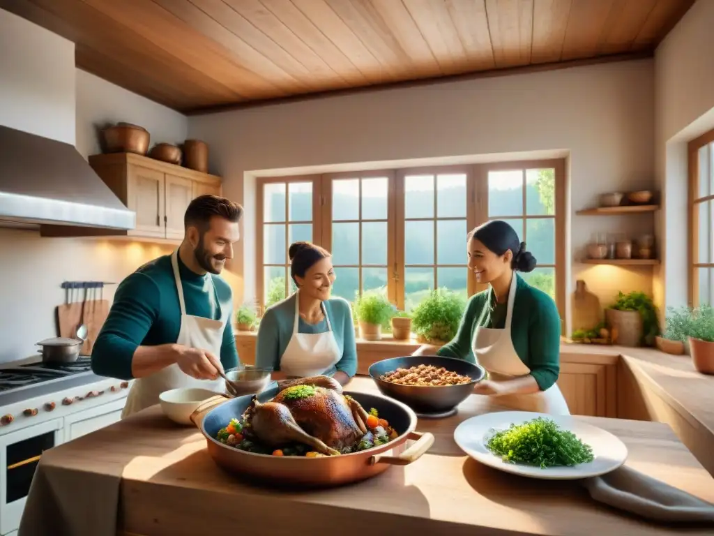 Una cocina francesa tradicional rebosante de vida y sabores, con una familia reunida alrededor de una mesa de madera rústica