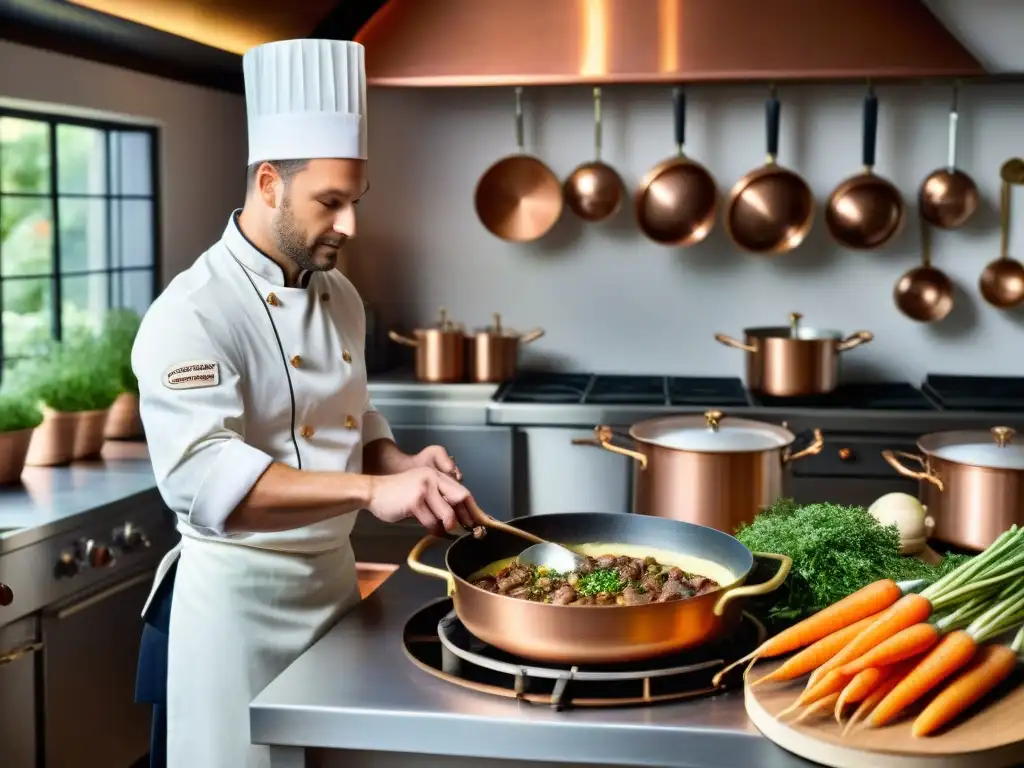 Una cocina francesa tradicional rebosante de actividad culinaria, donde chefs innovan con tecnología en un ambiente de elegancia atemporal