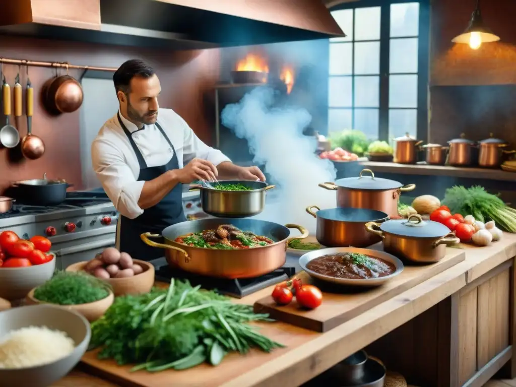 Una cocina francesa tradicional rebosante de actividad culinaria, con chefs preparando platos clásicos como coq au vin y ratatouille