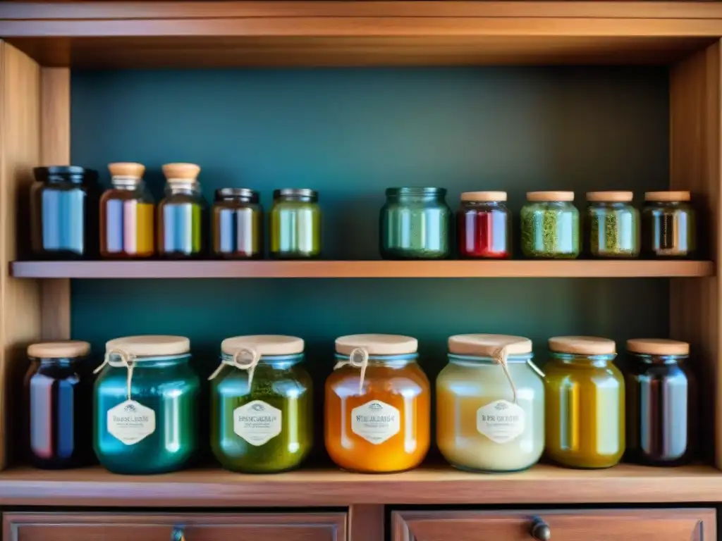 Una cocina francesa tradicional con tarros de fermentación exhibiendo colores vibrantes y texturas, bañada por luz solar