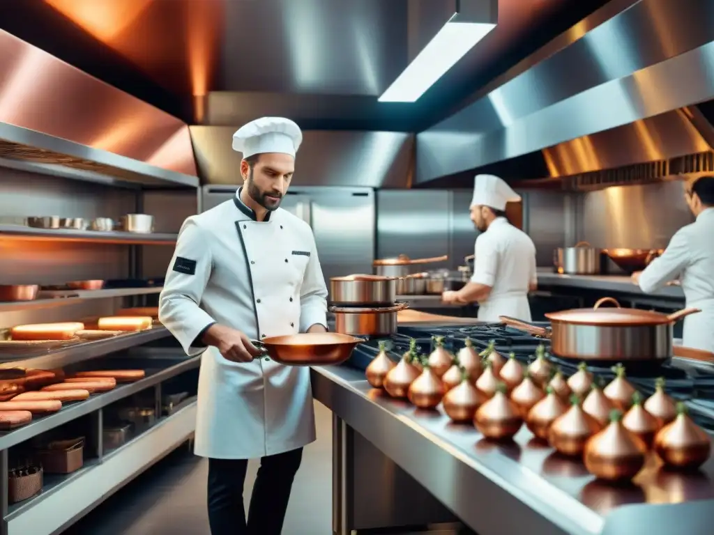 Una cocina francesa tradicional con innovación tecnológica: chefs y robots trabajando en armonía