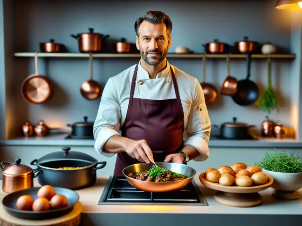 Cocina francesa tradicional con utensilios de cobre, hierbas frescas y un chef preparando Coq au Vin