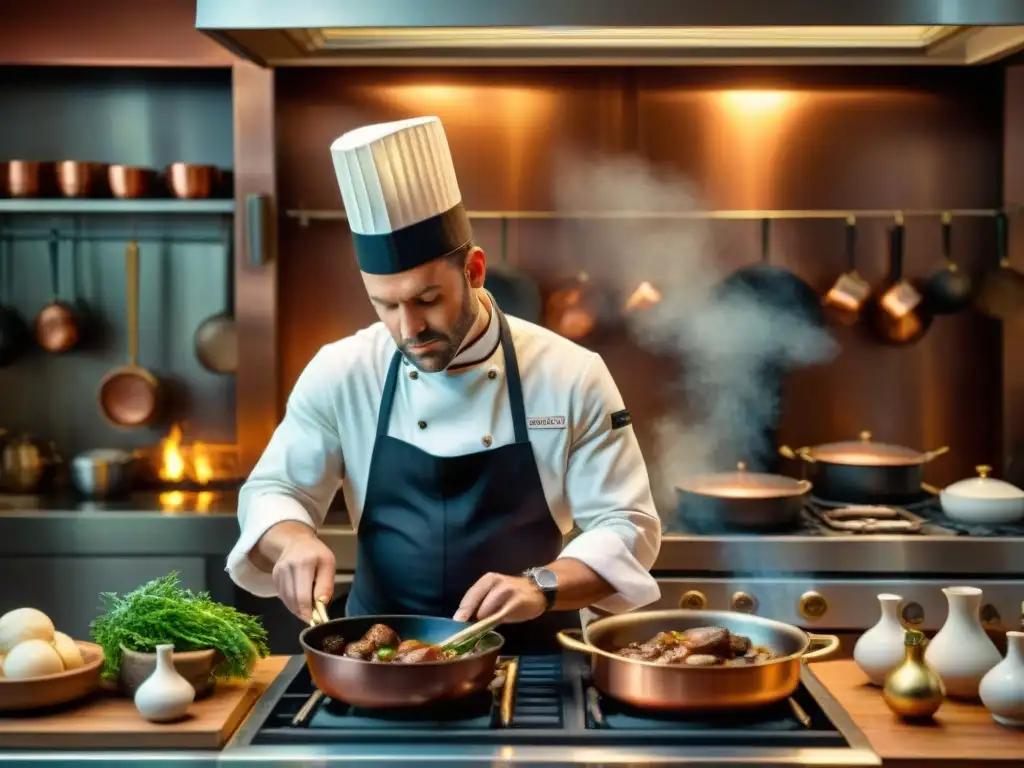 Cocina francesa tradicional vs moderna: Un chef francés prepara coq au vin en una cocina rústica llena de utensilios vintage