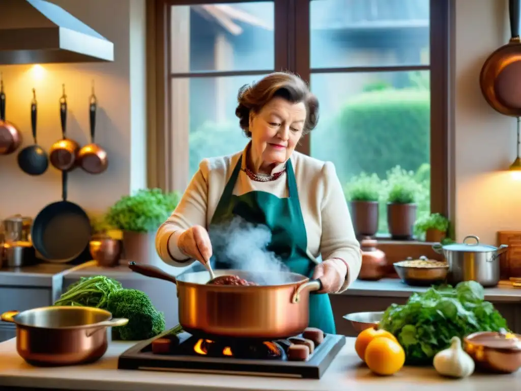 Julia Child preparando Boeuf Bourguignon en cocina francesa con utensilios vintage y mercado bullicioso