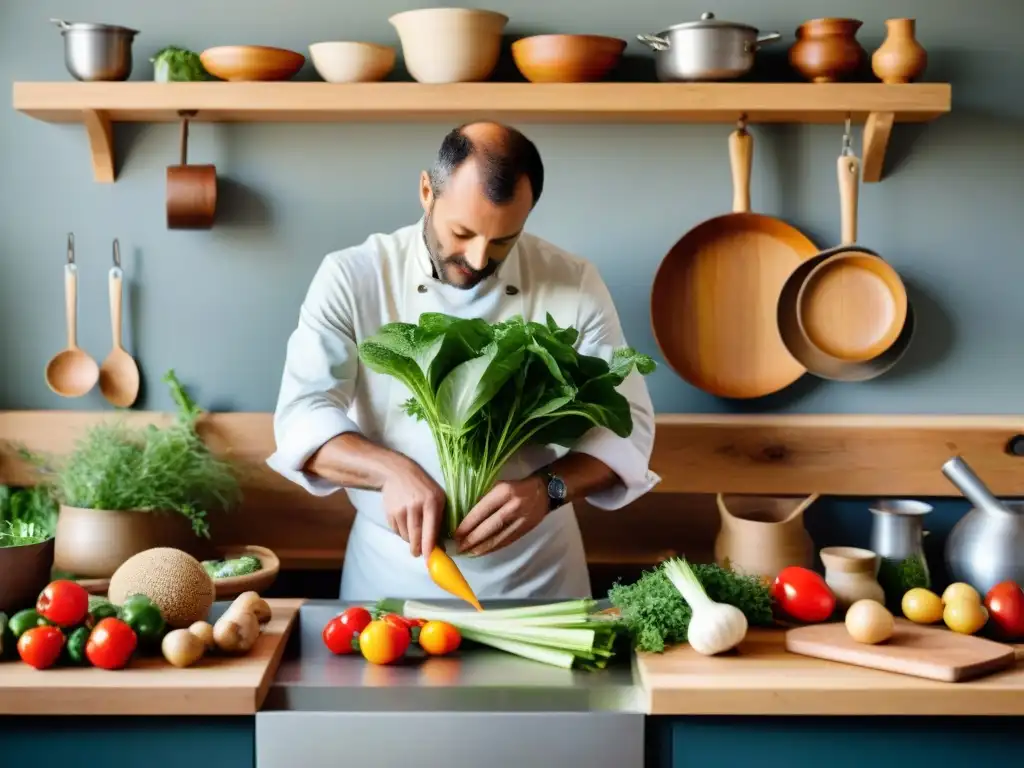 Una cocina francesa con verduras frescas de un huerto de permacultura, fusionando tradición y sostenibilidad