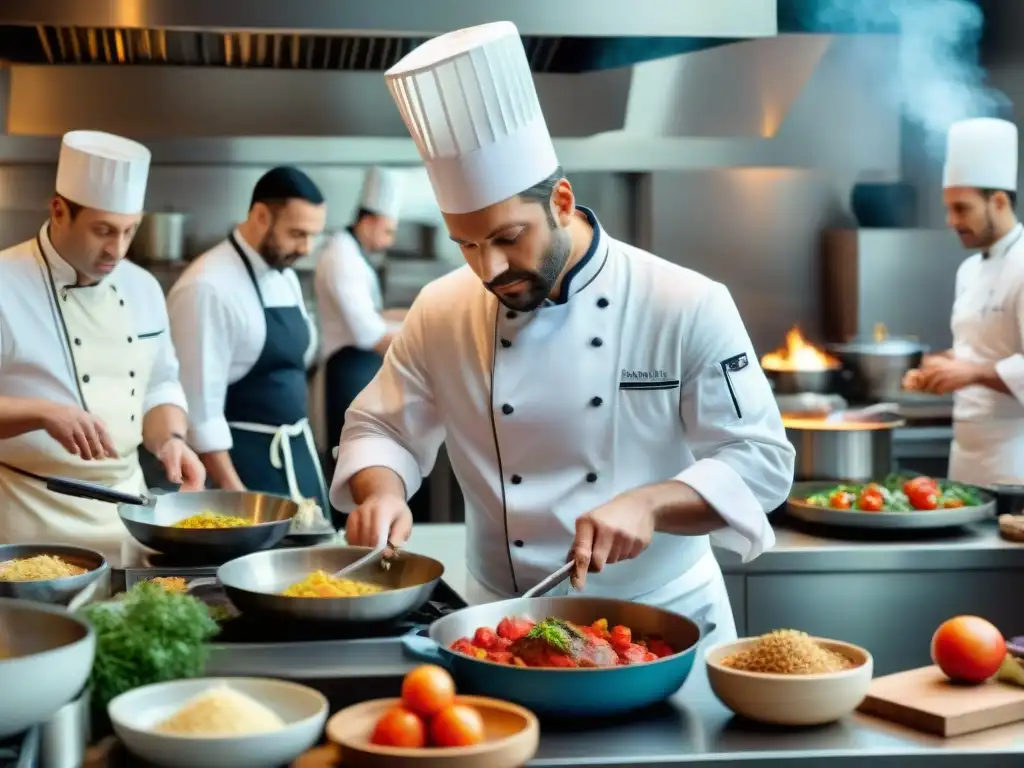 Intensa cocina francesa: tradición y pasión gourmet Cocina francesa vibrante con chefs en acción y utensilios culinarios