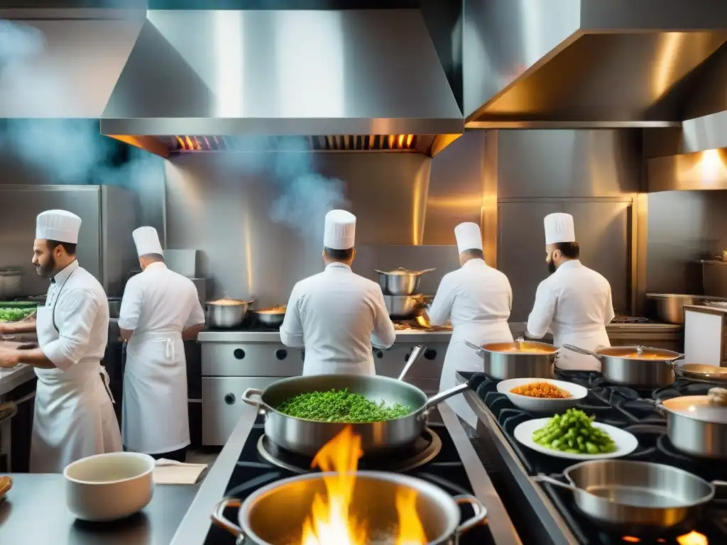 Cocina frenética de restaurante en Francia con chefs trabajando juntos en prácticas ecofriendly