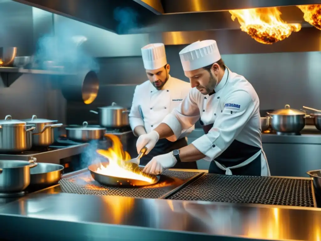 Cocina frenética de restaurante estrella Michelin en Francia, platos exquisitos con precisión y pasión