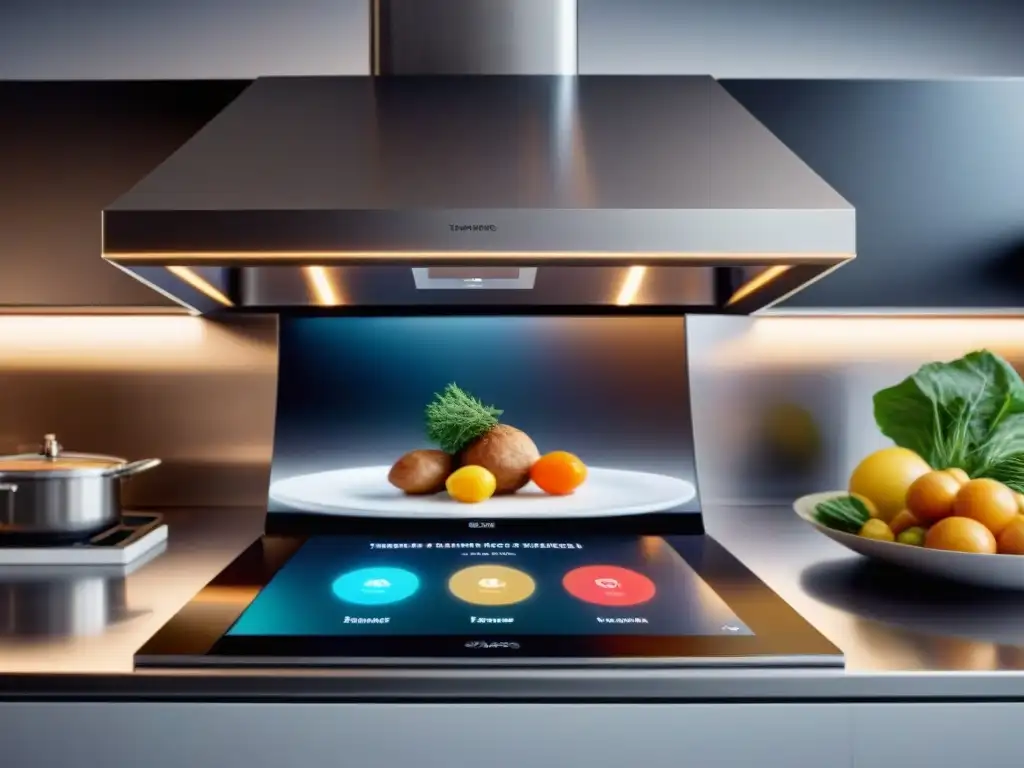 Cocina futurista con gadgets integrados y app de IA para recetas francesas