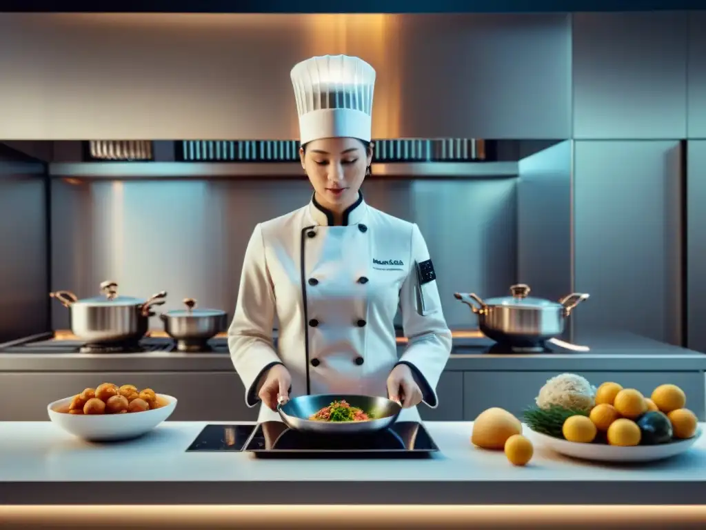 Cocina futurista con IA integrada preparando platos franceses del futuro