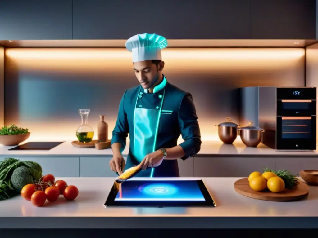 Cocina futurista con platos franceses del futuro en un ambiente tech y elegante