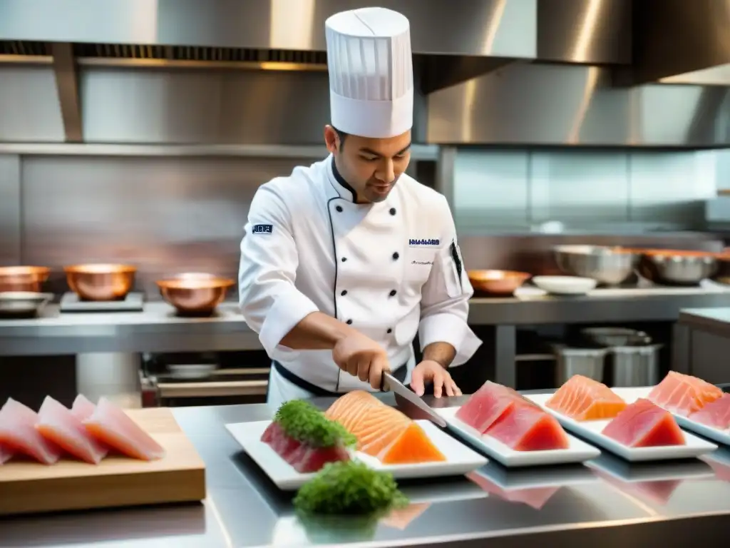 Una cocina fusión influencia global: Chef asiático cortando sashimi, alumnos creando plato fusionado