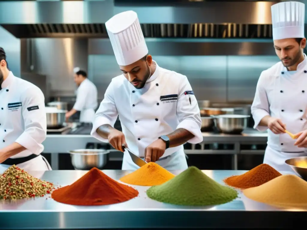 Cocina fusión influencia global: Chef cortando ingredientes mientras otros preparan fusiones en cocina multicultural