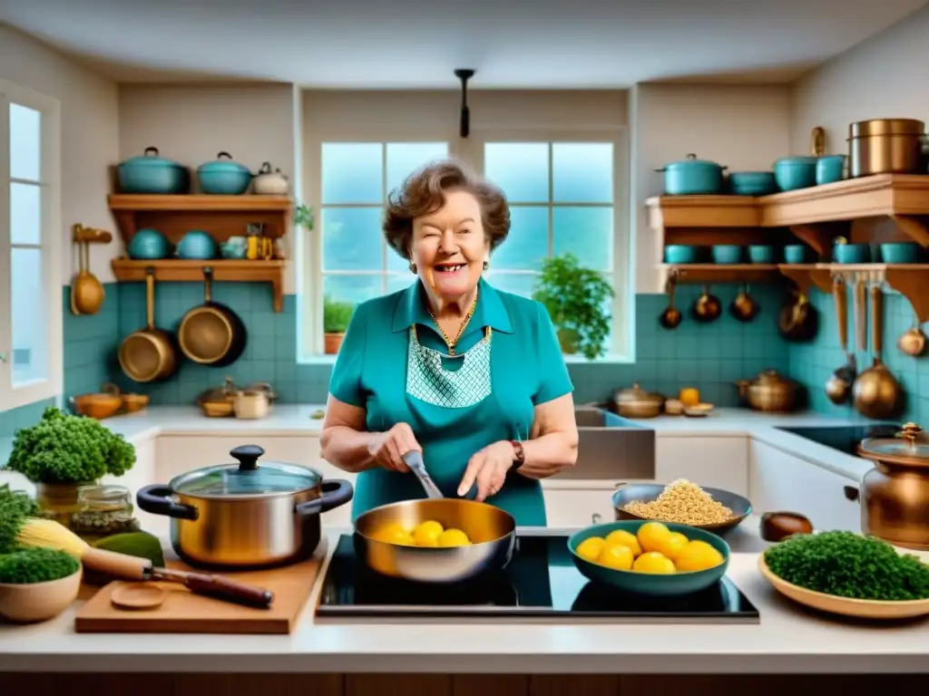 Julia Child en su cocina icónica, transmitiendo pasión y alegría al cocinar