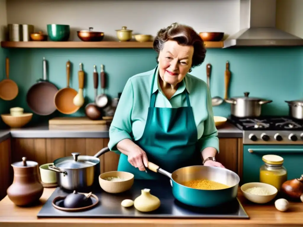 Julia Child en su cocina icónica, preparando un plato francés con pasión