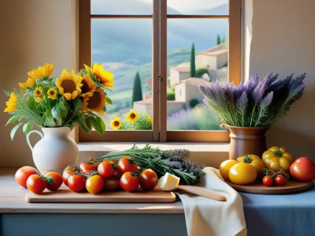 Una cocina provenzal llena de ingredientes característicos en un ambiente cálido y acogedor