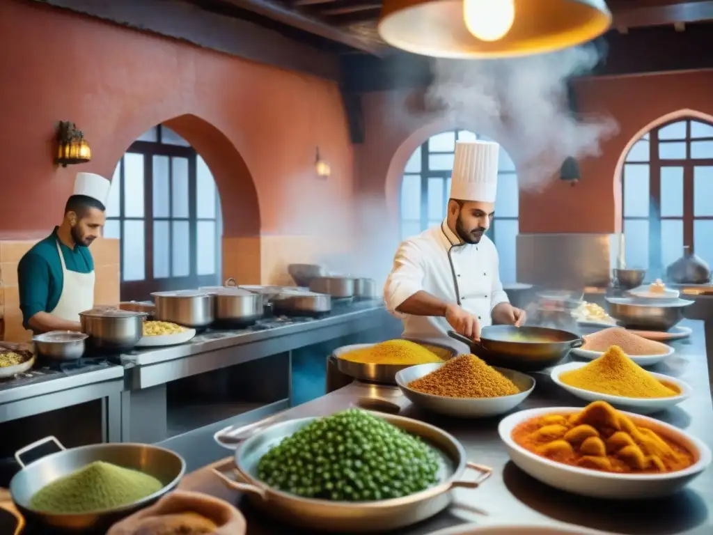 Cocina marroquí y francesa se fusionan en un bullicioso restaurante, reflejando influencia culinaria