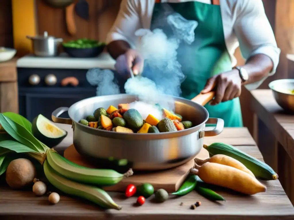 Una cocina martiniqueña con influencia africana: ingredientes vibrantes en una mesa rústica, chef preparando plato tradicional