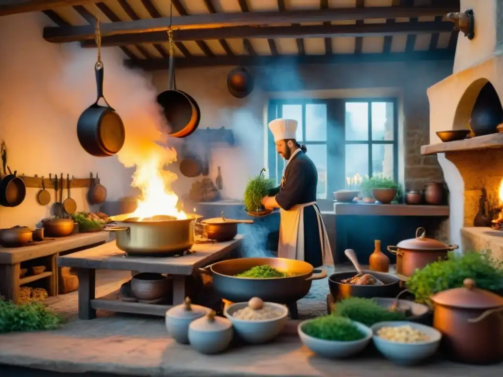 Una cocina medieval francesa llena de vida, chefs preparando platillos frente a llamas, hierbas colgantes y utensilios rústicos