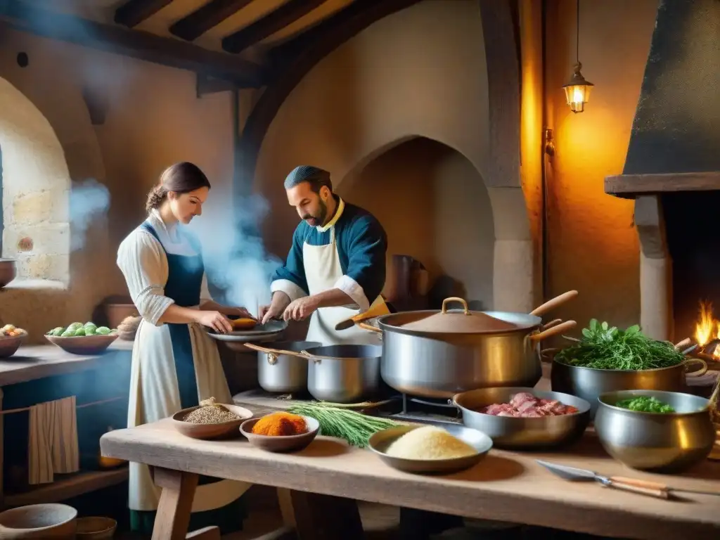 Cocina medieval francesa con sabores tradicionales, cocineros preparando platos sobre fuegos abiertos, ingredientes frescos y utensilios antiguos