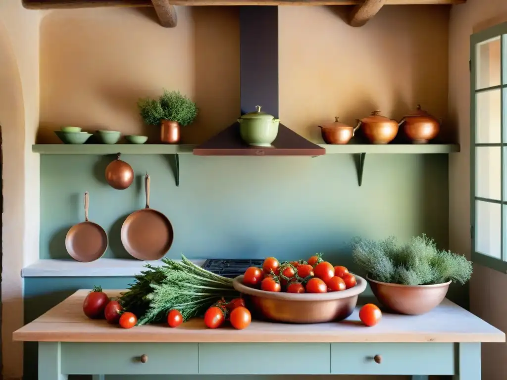 Cocina Provenzal: Detalles y colores de la tradición Una cocina mediterránea francesa tradicional: mesa de madera rústica con verduras frescas y una olla de cobre sobre fuego