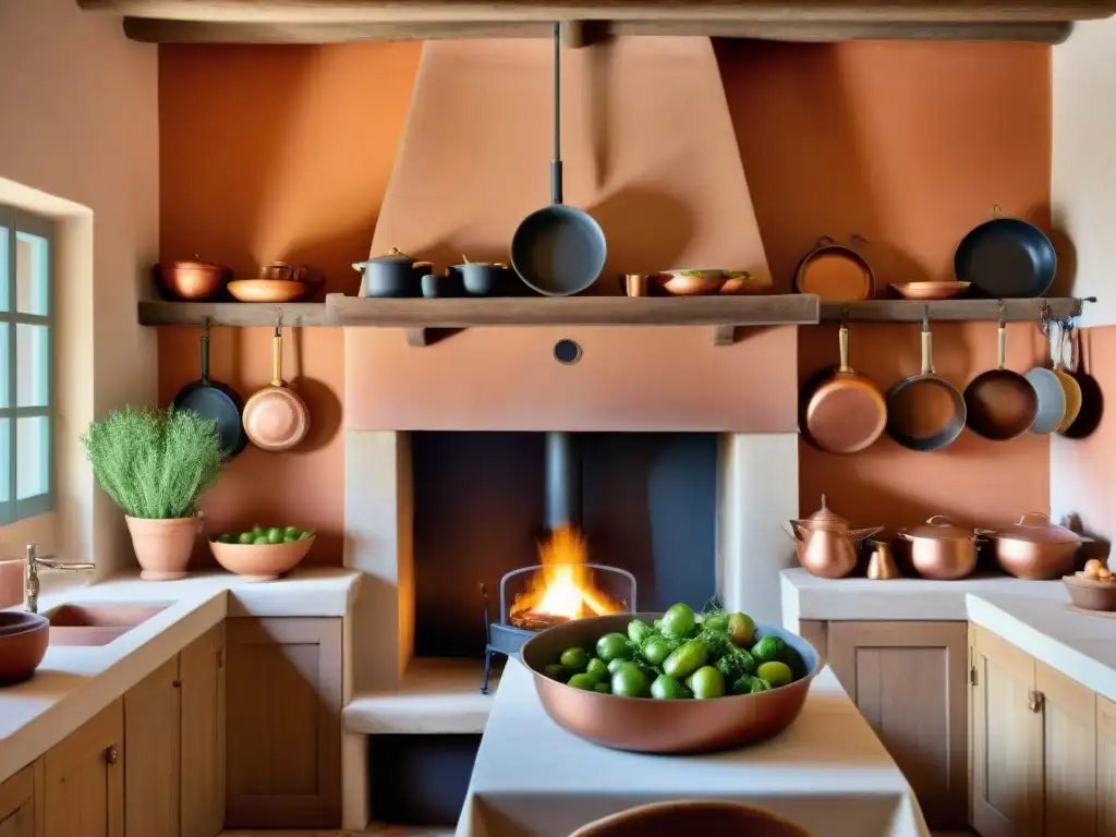 Cocina provenzal: ambiente acogedor y tradicional Una cocina mediterránea francesa tradicional en Provence con hogar de piedra, ollas de cobre y platos coloridos