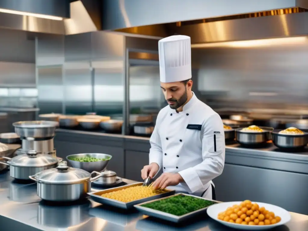 Una cocina moderna en Francia donde chefs y robots de cocina con IA preparan platos franceses