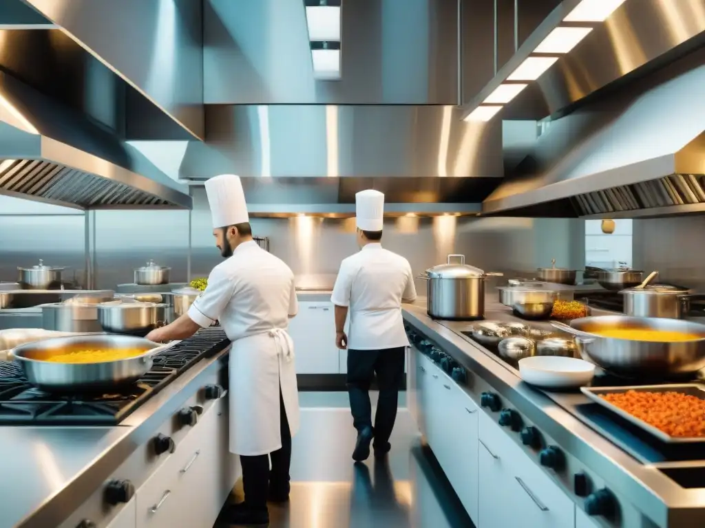 Una cocina moderna con chefs en uniformes blancos, reflejando la influencia Escoffier en la preparación de exquisitos platos