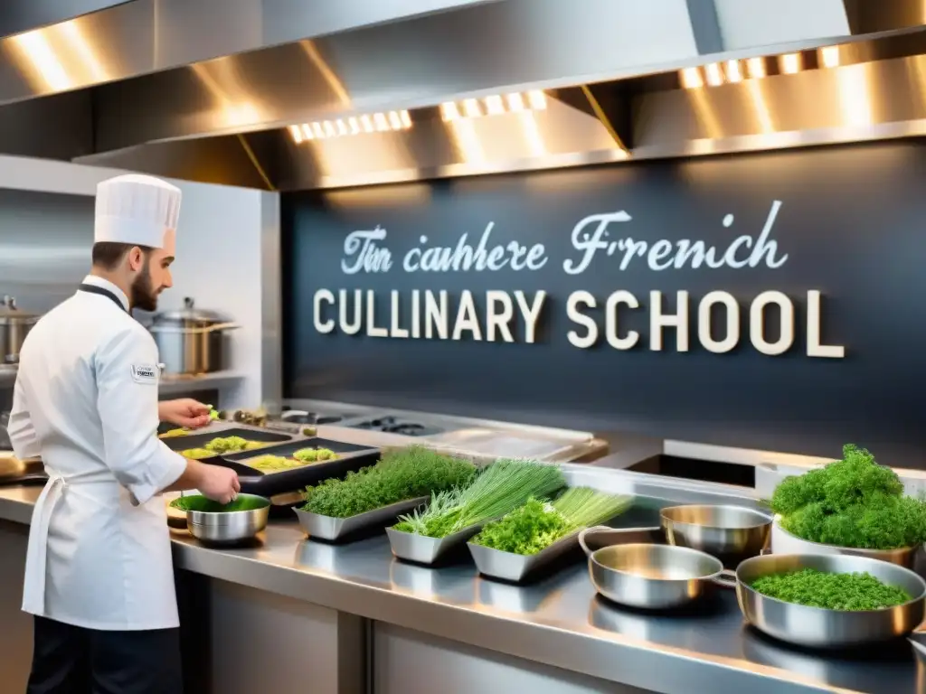 Una cocina moderna de una escuela culinaria francesa con alumnos diversos trabajando en estaciones, rodeados de equipos y ingredientes de alta gama