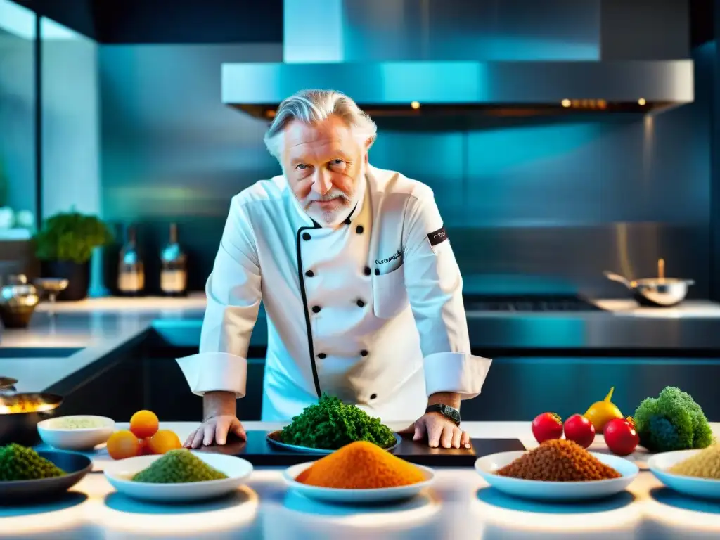 Chef Pierre Gagnaire en su cocina moderna francesa innovadora, creando platos vanguardistas con ingredientes coloridos