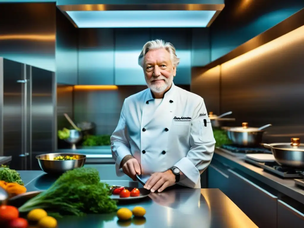 Chef Pierre Gagnaire en su cocina moderna francesa innovadora, creando una obra de arte culinaria