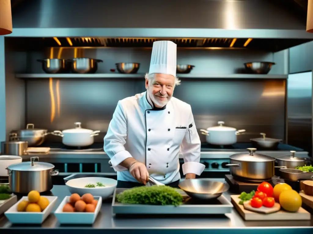 Chef Pierre Gagnaire lidera en su cocina moderna francesa innovadora, rodeado de un equipo creativo y concentrado