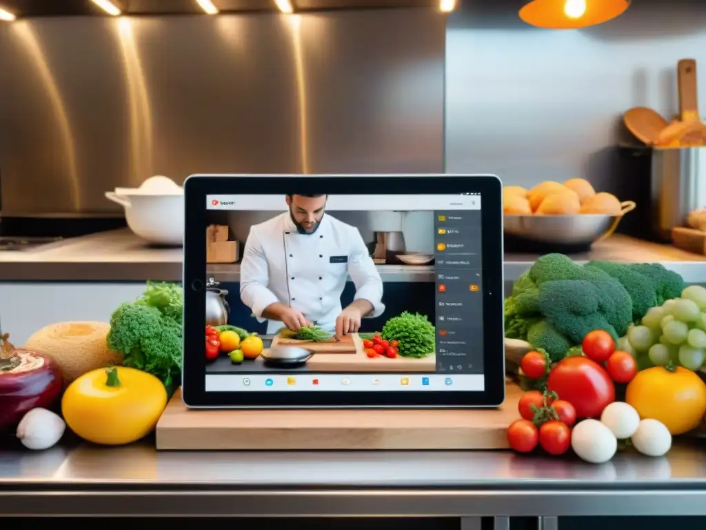 Una cocina moderna con gadgets de alta tecnología y una app de recetas francesas, en un mercado animado