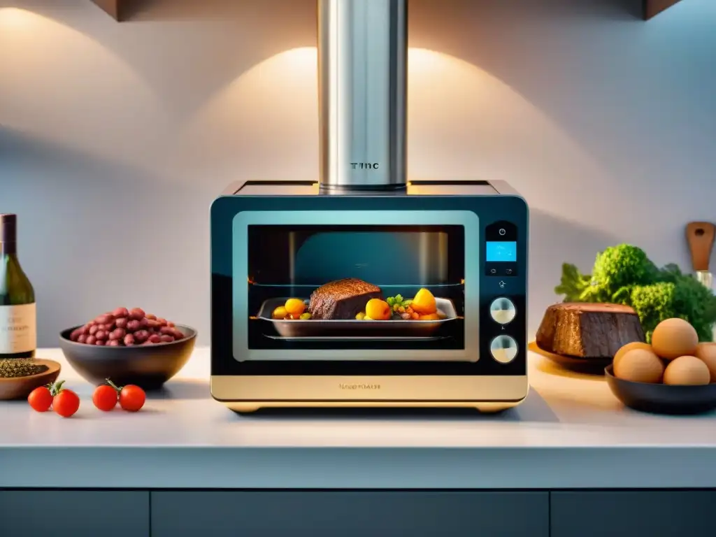 Una cocina moderna con herramientas digitales para cocina francesa y ingredientes premium