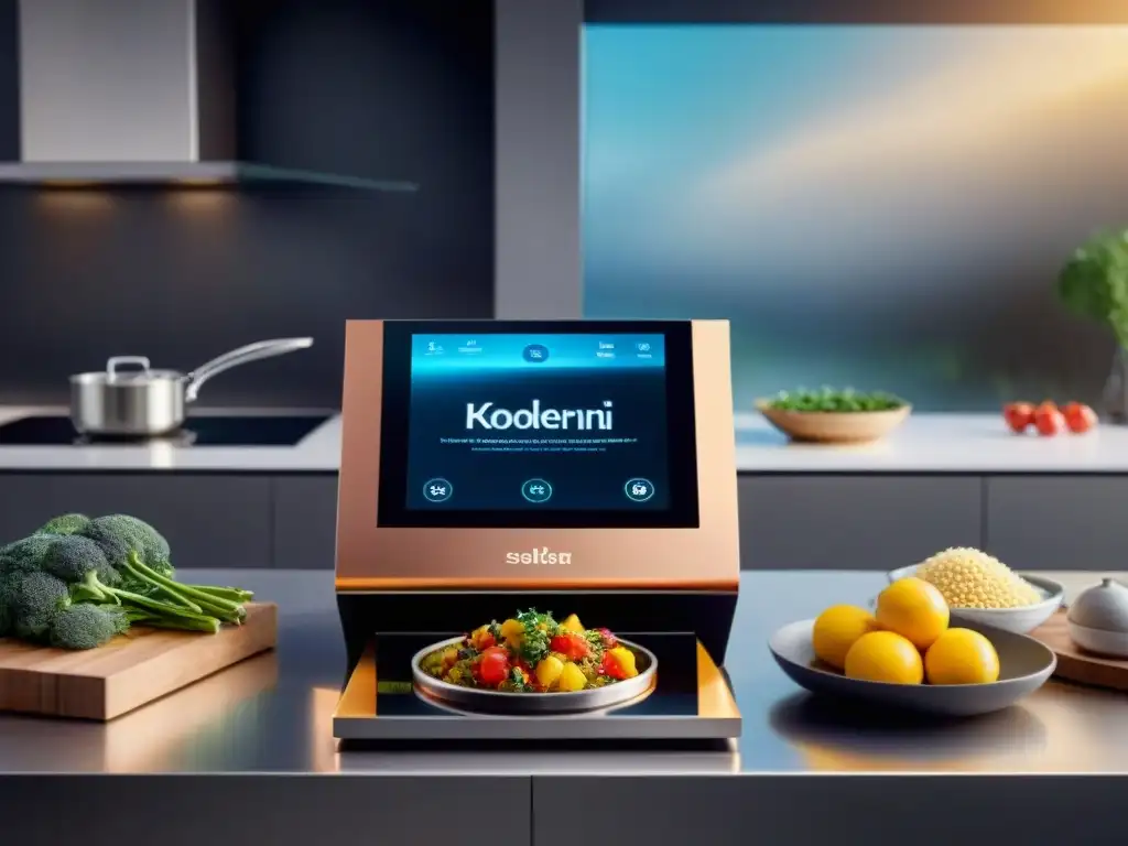 Una cocina moderna con herramientas de inteligencia artificial integradas, preparando recetas francesas innovadoras con IA