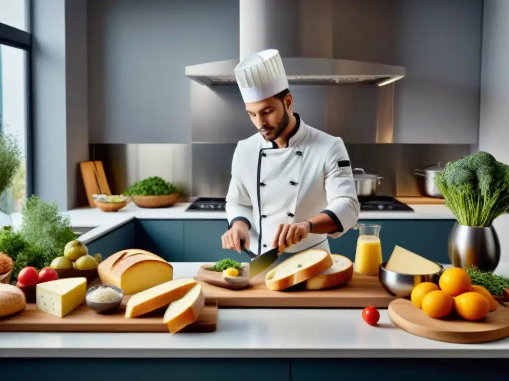 Una cocina moderna con IA integrada cocinando recetas francesas olvidadas, mostrando la fusión de tradición y tecnología